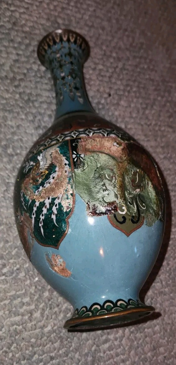 Vintage Old Cloisonne Enamel Flower Vase Bottle Has Damage As Is 13 Inch