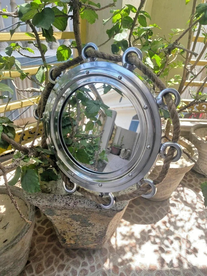 Maritime Porthole Mirror 15 Inch Aluminum Jute Rope Nautical Window Wall Decor