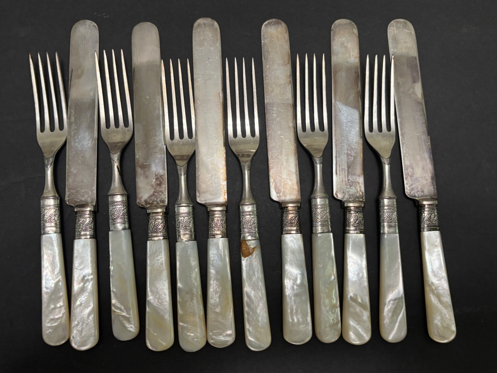 12 pcs Antique Mother of Pearl Handle Silverplated FLATWARE Sterling Collars