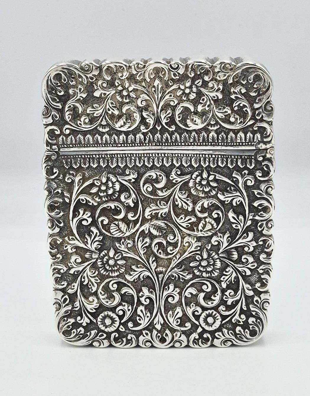 FINE INDIAN COLONIAL KUTCH SOLID SILVER FLORAL CARD CASE c1890