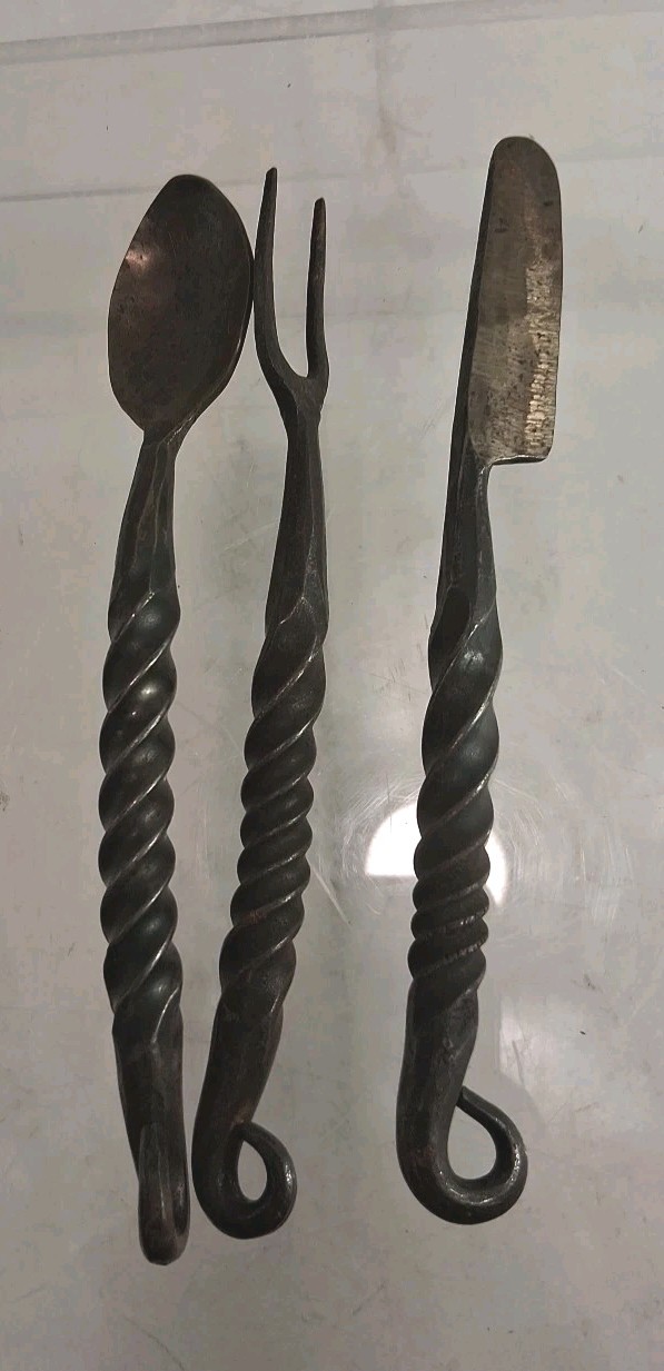 Antique Hand Forged Twisted Fork Knife Spoon With Hook For Hanging