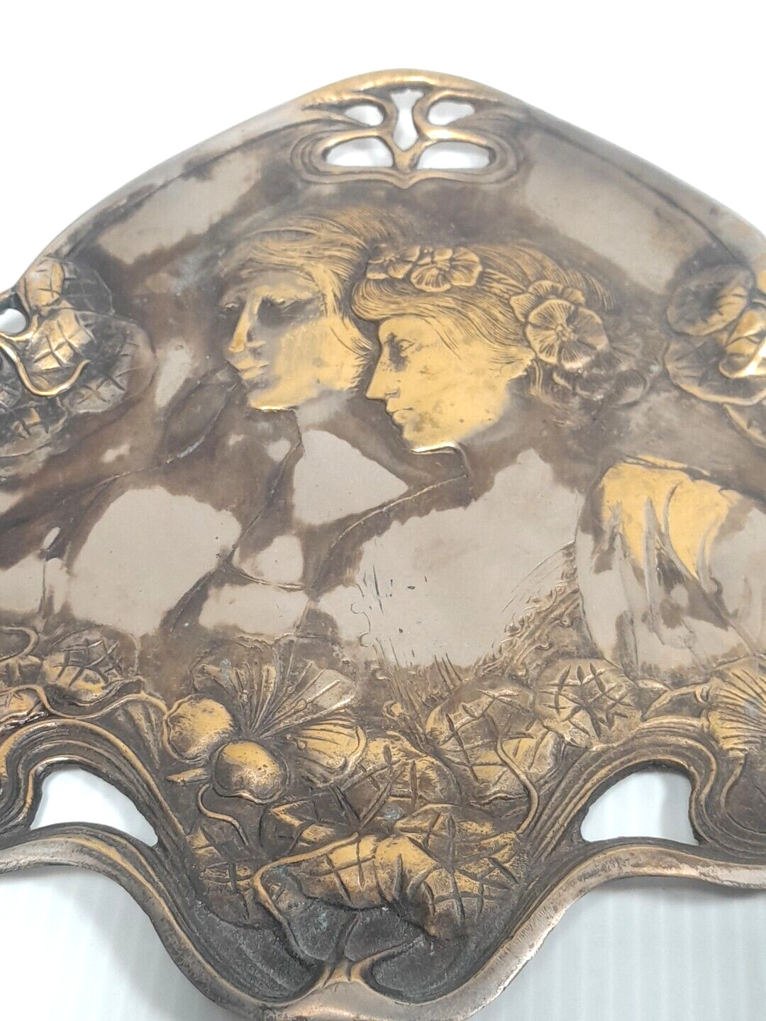 Antique Art Nouveau Jugendstil Brass Silverplate Card Vanity Tray 8.25″ X 9″