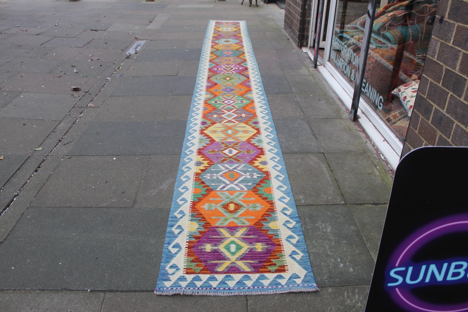 Traditional Hand Made Oriental Blue Wool Narrow Long Kilim Stair Runner 650×70