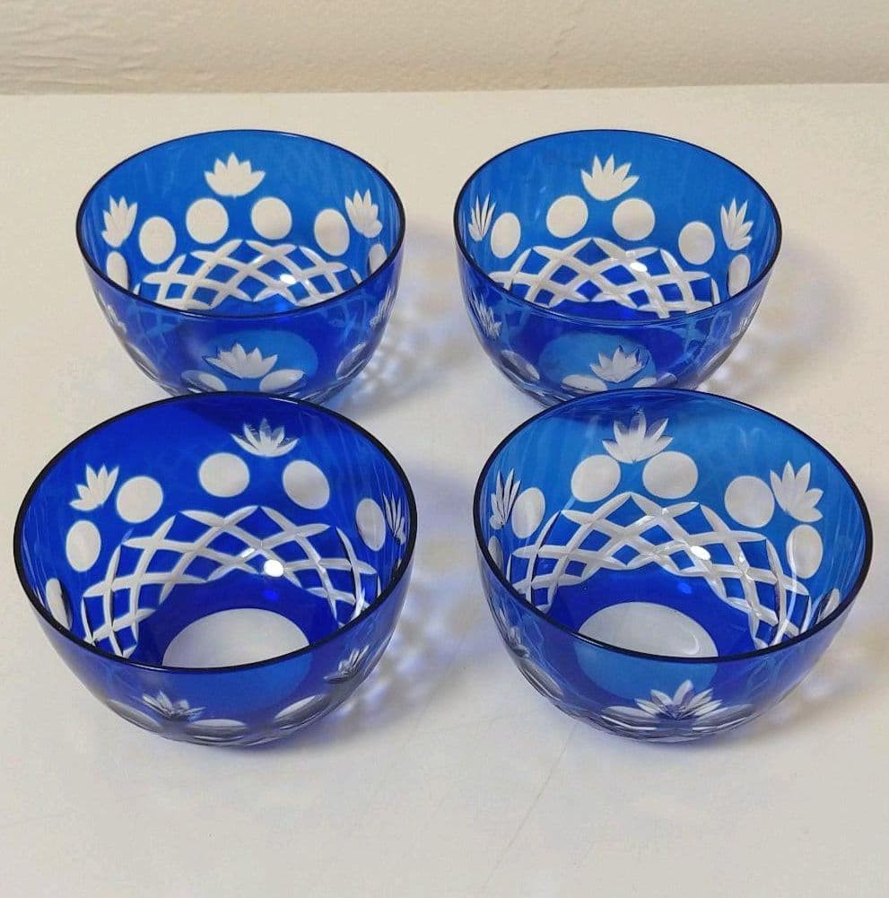 Kiriko Free Cup Set Four Traditional Japanese Cut Glass clear blue