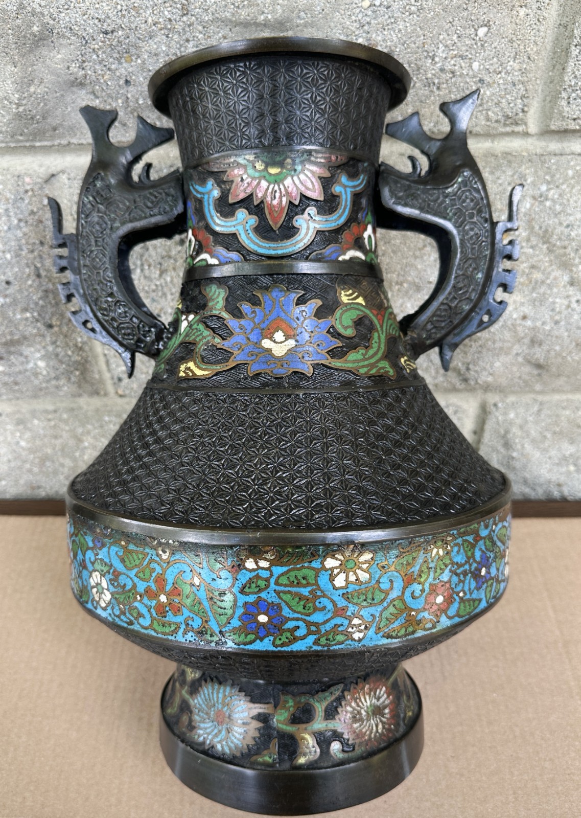 Antique Japanese Champleve Floral Enamel Vase 14″ Bronze Cloisonne Big Intricate