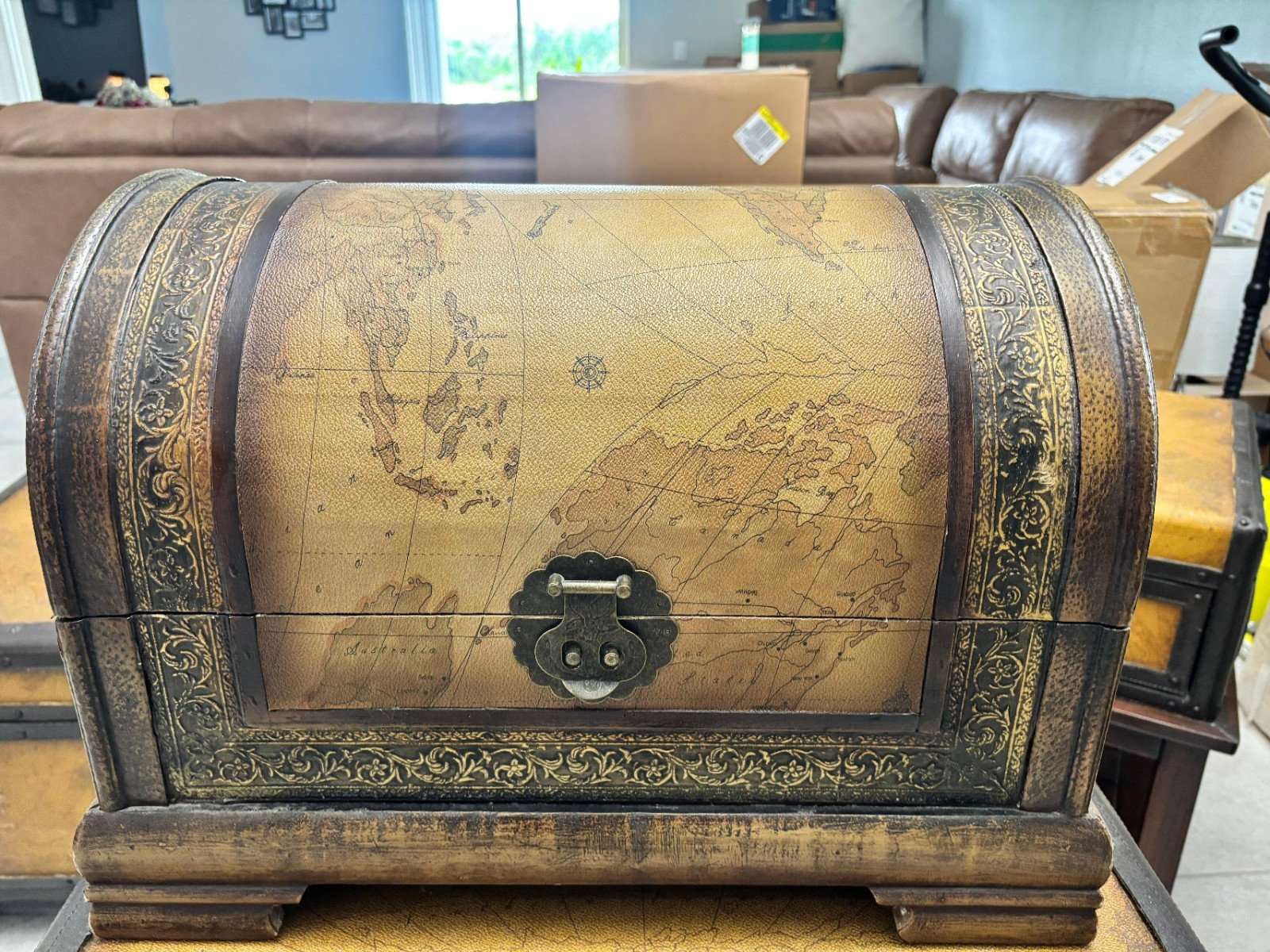 Antique Style Map Pattern Barrel-Top Trunks & Chests Set Wood Leather Brown Yel…