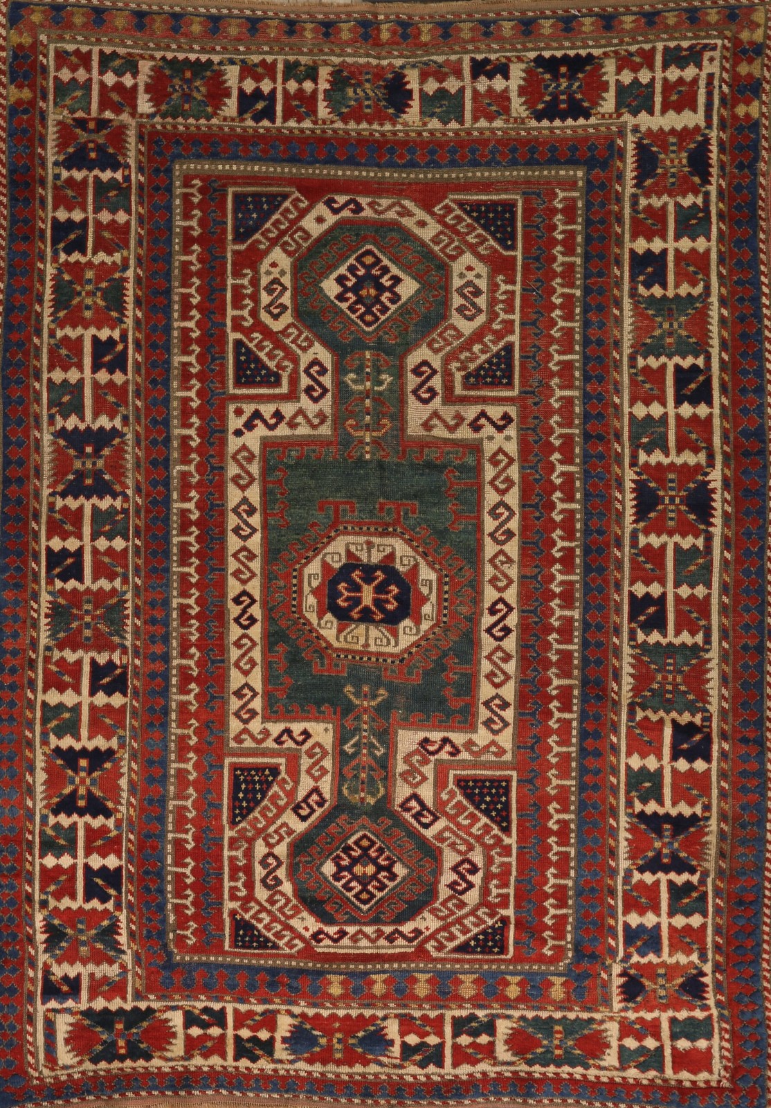 5’x6′ Blue , Ivory Beige Cream White , Red Late 19th Century Tribal Geometric