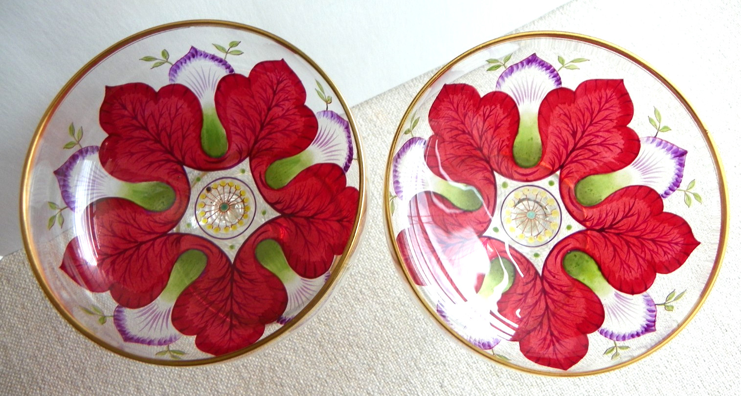 TWO Art Nouveau Meyrs Neffe or Theresienthal Glass Hand Painted Goblets
