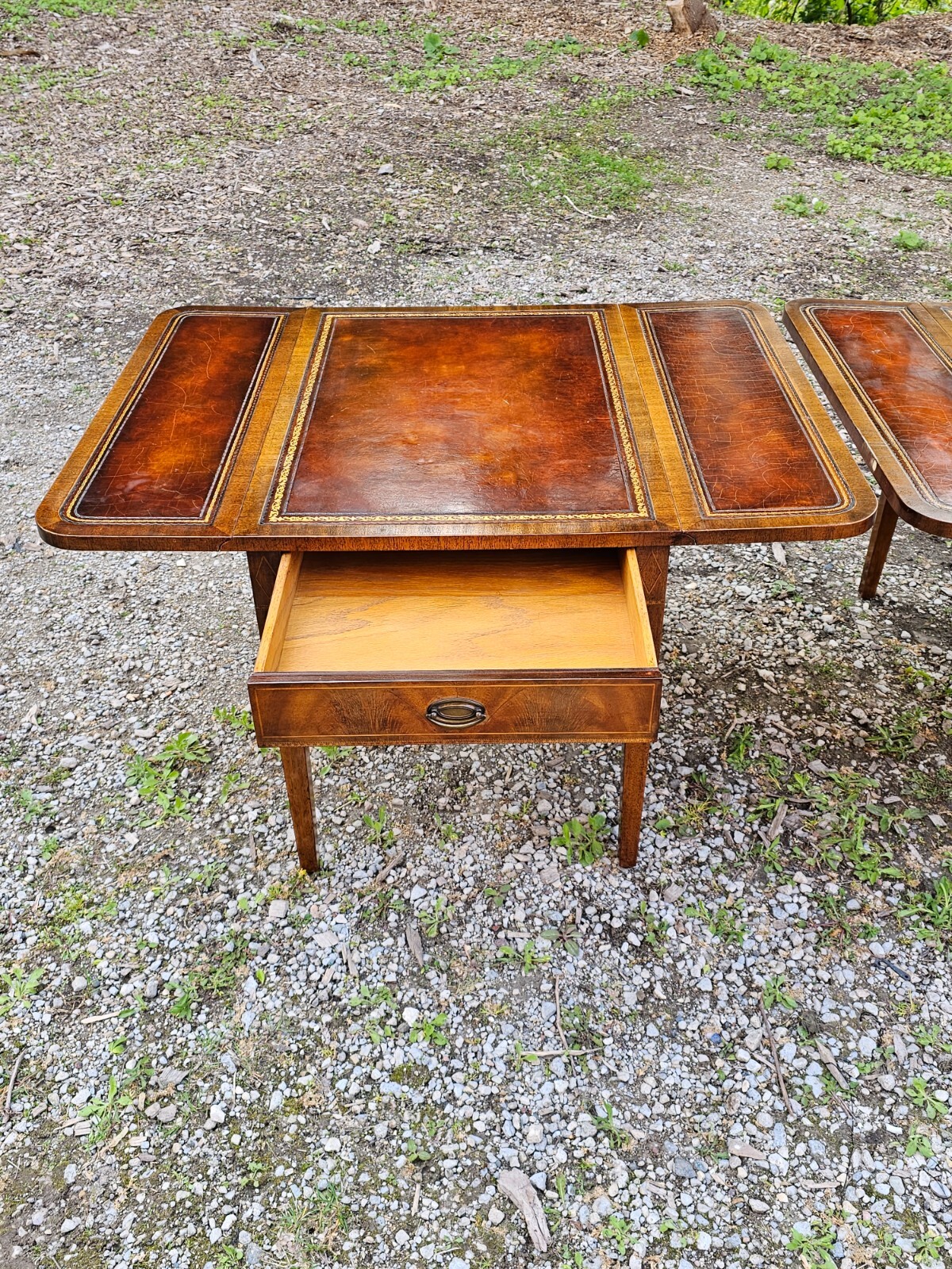 Antique Pembroke Double drop leaf leather top end table Pair by Weiman