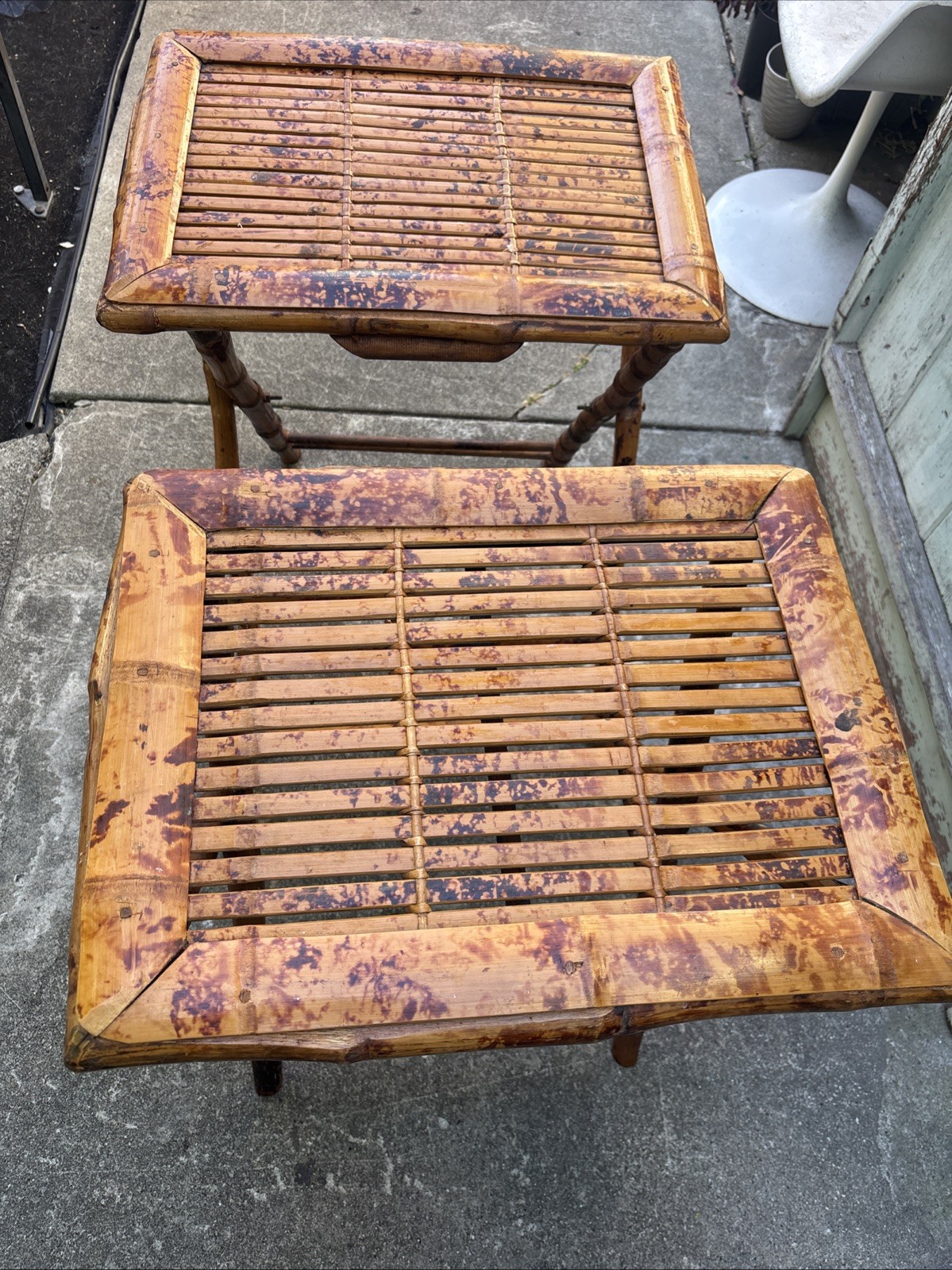 Set of 2 Vintage Burnt Bamboo Tortoise Shell Folding Tables Rattan MCM Accent