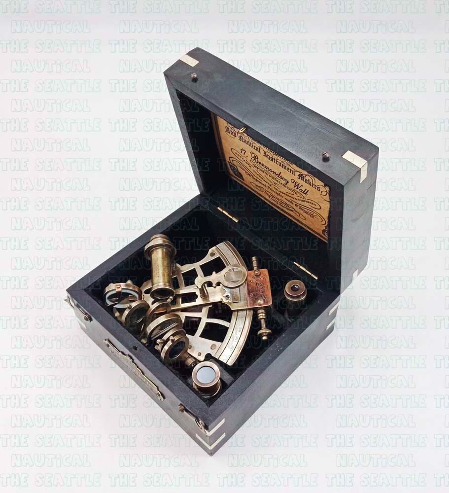 Antique Brass 5″ Sextant with Telescope in Hardwood Box Nautical Christmas Gift