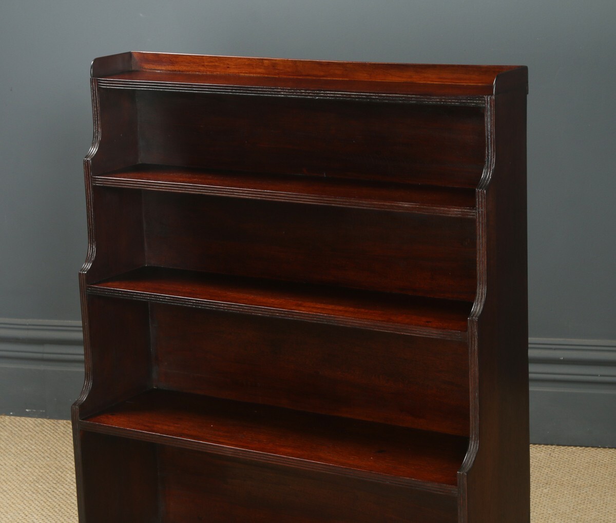 Anglo-Indian Regency Style Teak Waterfall Pair of Open Bookcases (Circa 1930)