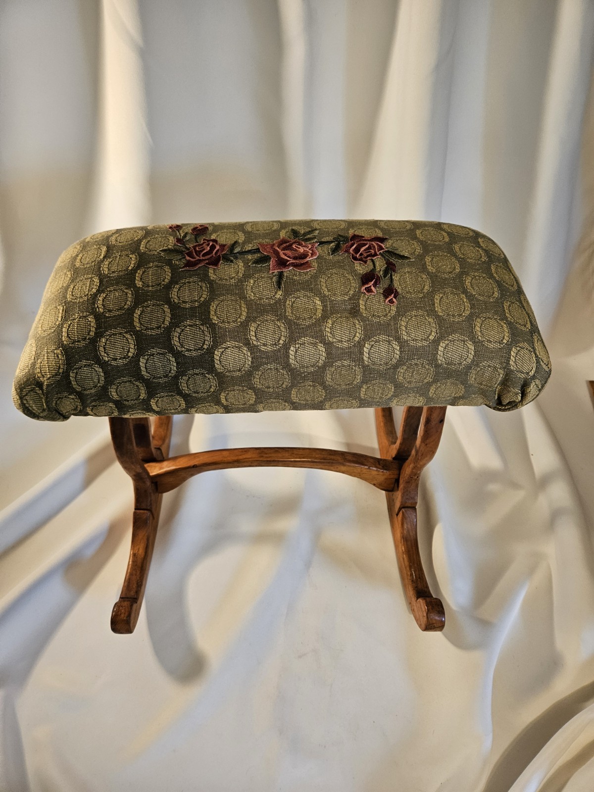 Vintage Padded Rocking Footstool With Beautiful Rose Applique