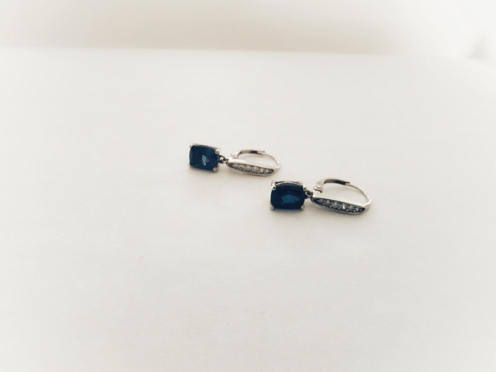 925 Silver Dangle Leverback Earrings Blue Sapphire Emerald Cut Drop