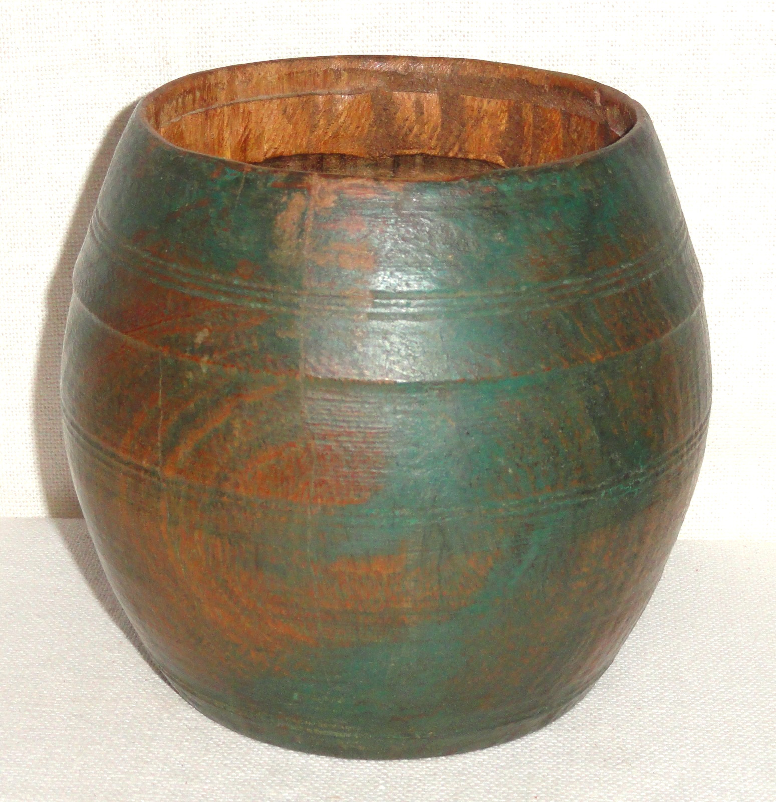 Antique Wood Hand Turned Keg ~ Green Paint Vessel ~ Primitive Small Barrel