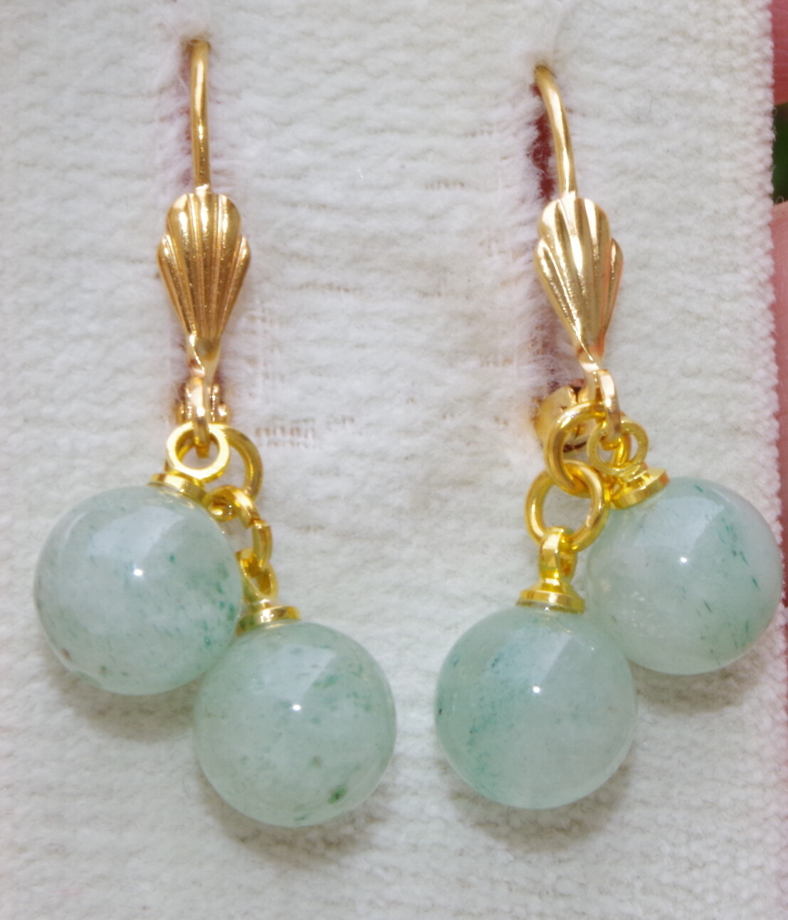 GREEN JADE JADEITE ELONGATED BALL LEVER BACK EARRINGS