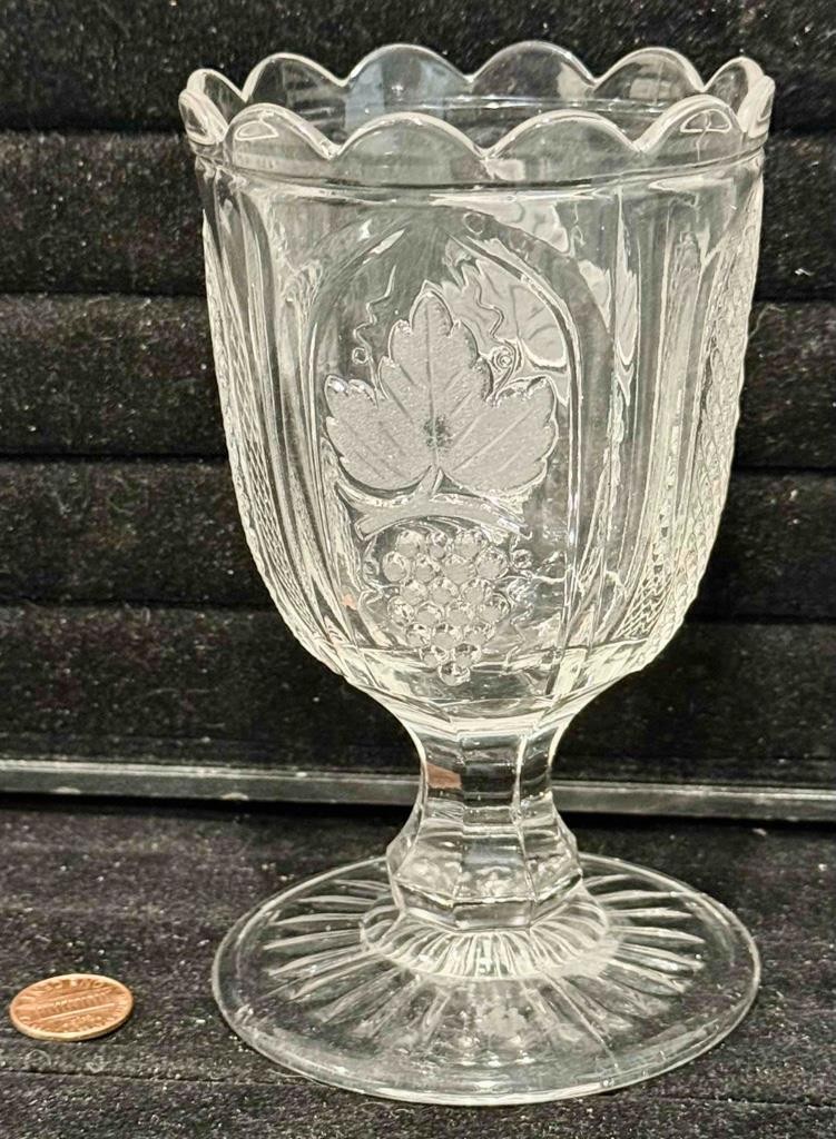 Antique Magnet and Grape with Frosted Leaf Clear Pattern Glass Goblet, c. 1870