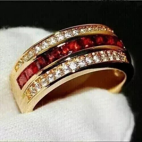 4 Ct Round Cut Lab-Created Ruby Diamond Band Wedding Ring 14k Yellow Gold Plated