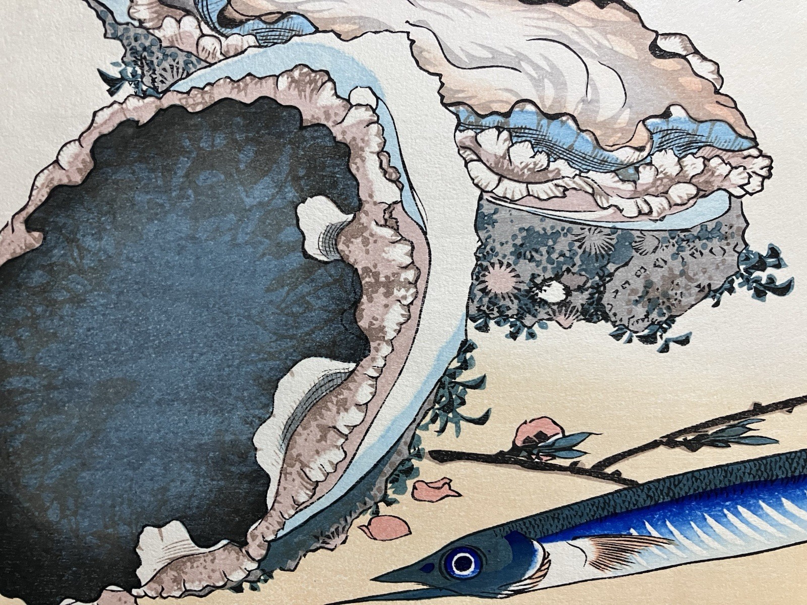 Hiroshige Ukiyo-e Woodblock Print “Abalone and Snipefish (Sayori) with Peaches”