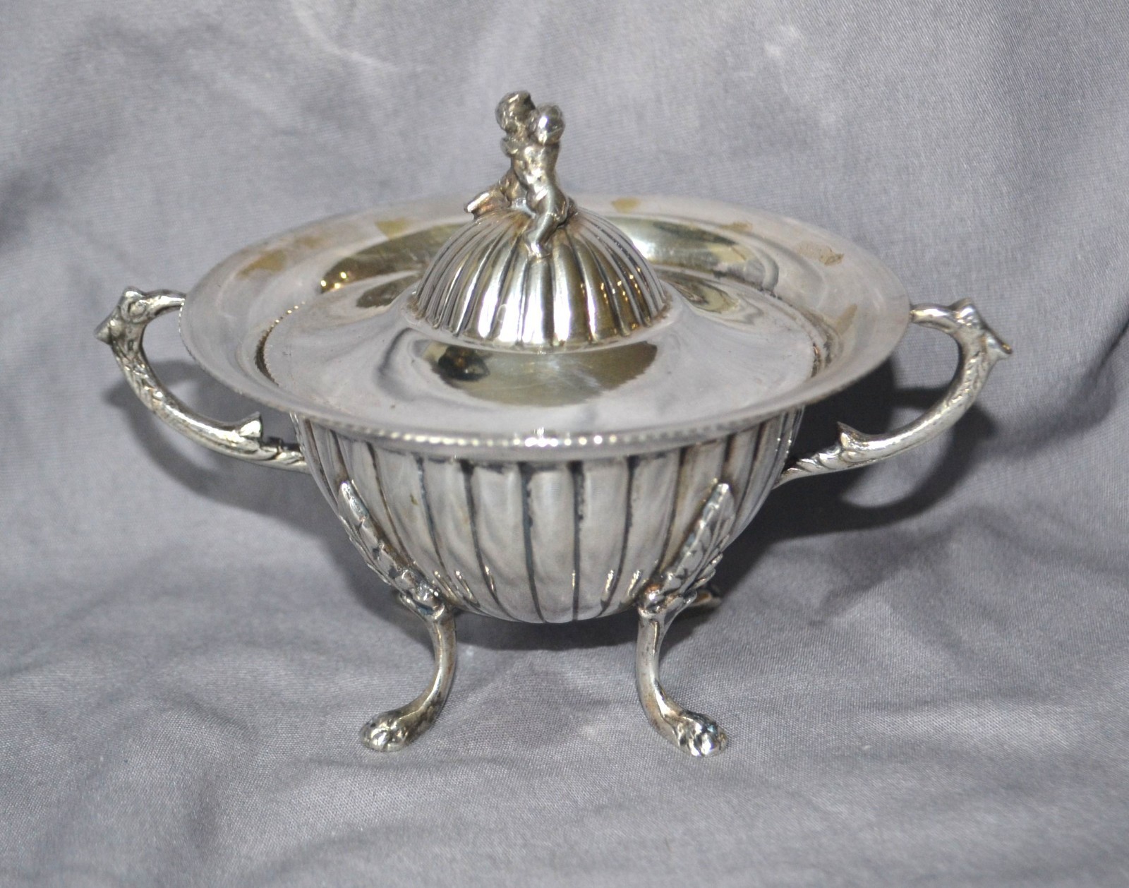 Antique Italian Italy 800 Silver Covered Handled Sugar Bowl Cherub Finial Paw Ft