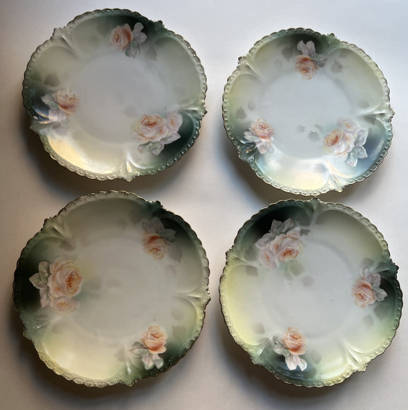4 Antique RS Prussia Porcelain Green Dishes in Peach Roses Gold Rim 6.25’’
