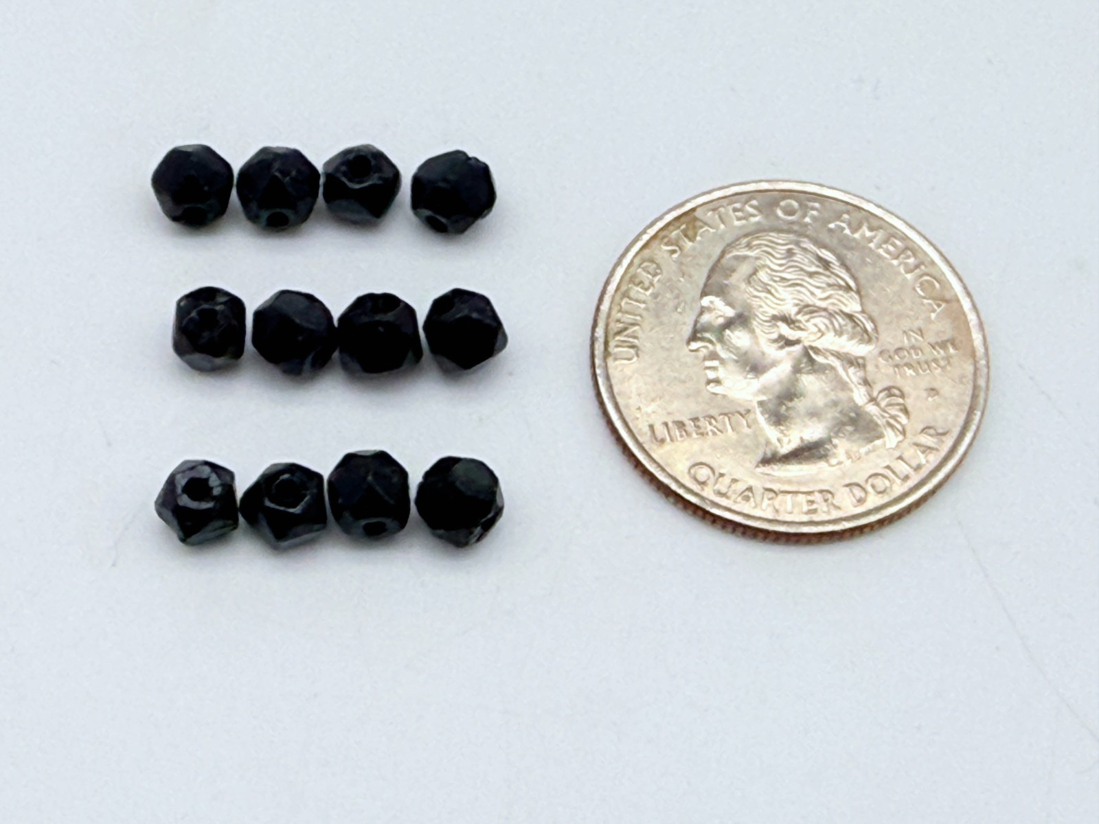 12 Vintage 3/16 Antique Jet Black Pressed Faceted Glass Sew Through Bead Buttons