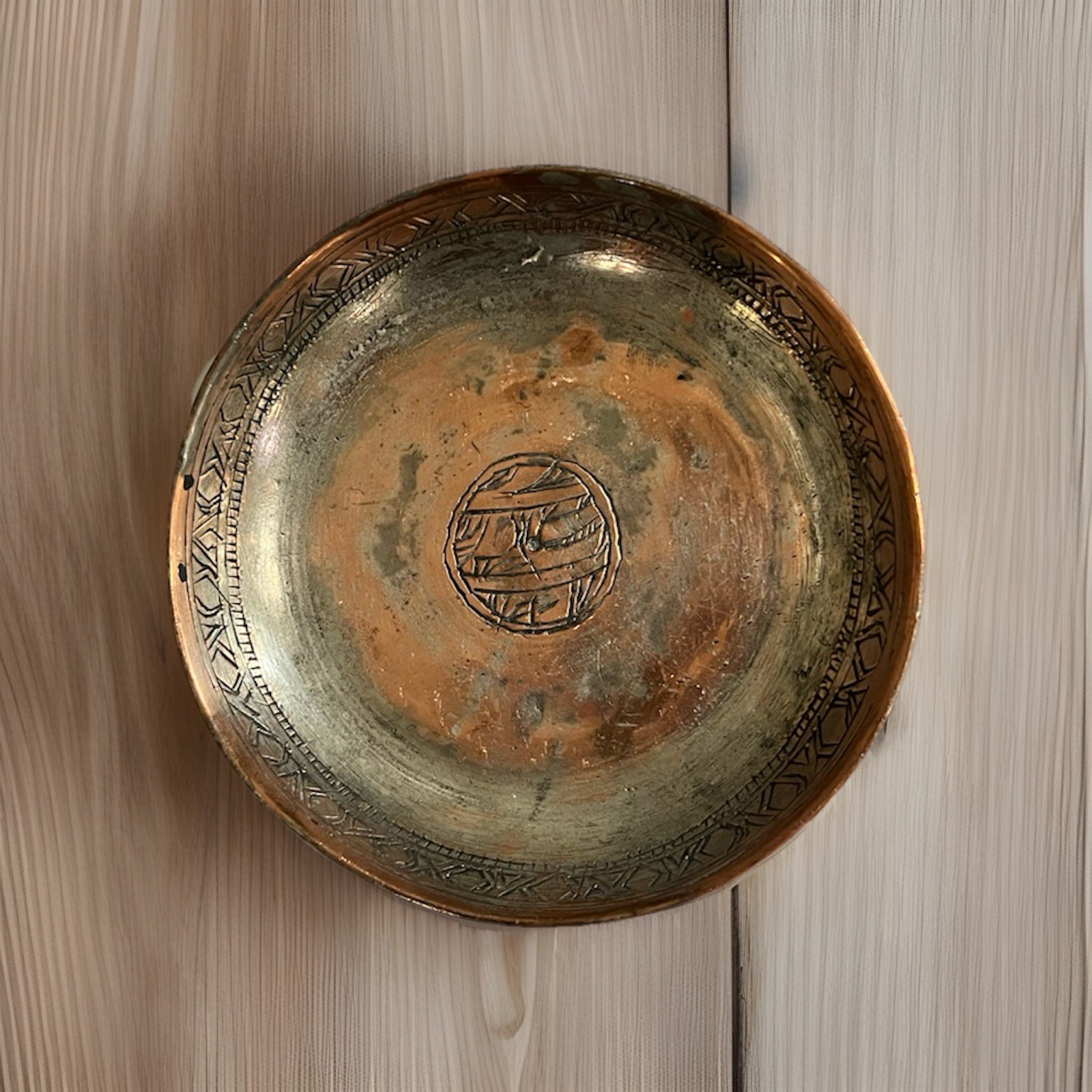 Antique Middle Eastern Hand Hammered Tinned Copper Plate 5”