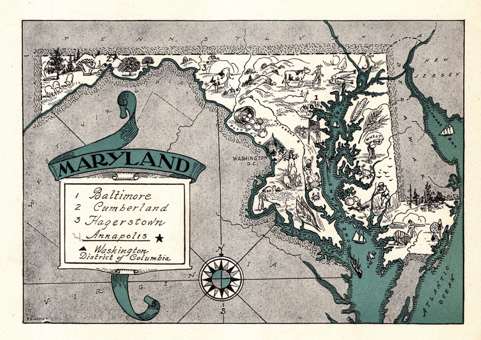 1930s Antique Maryland State Map RARE Animated Blue Picture Map BLU 2978