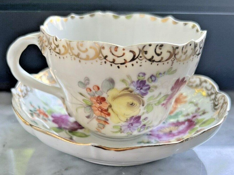 DRESDEN Teacup and deep Saucer Hand signed S crown