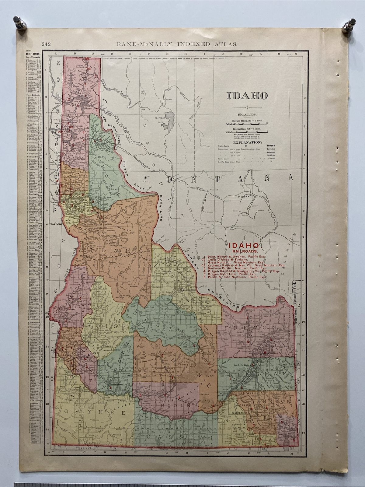 Large Format 1905 COLOR Rand McNally Map Atlas Page 242 Railroads Idaho