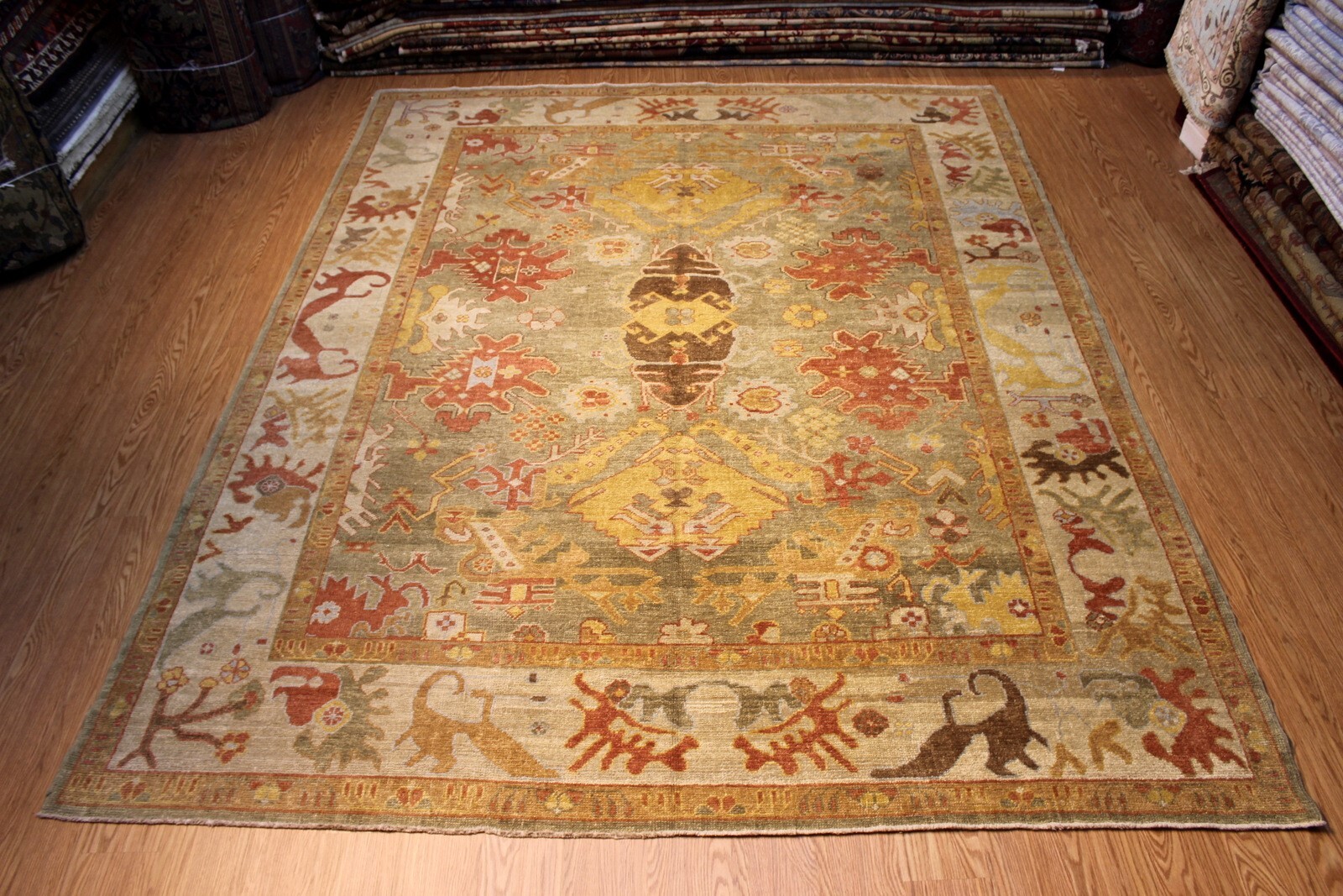 9X12 Ft. Handmade Ushak Design Wool Rug Green, beige, gold, Brown, rust Orange