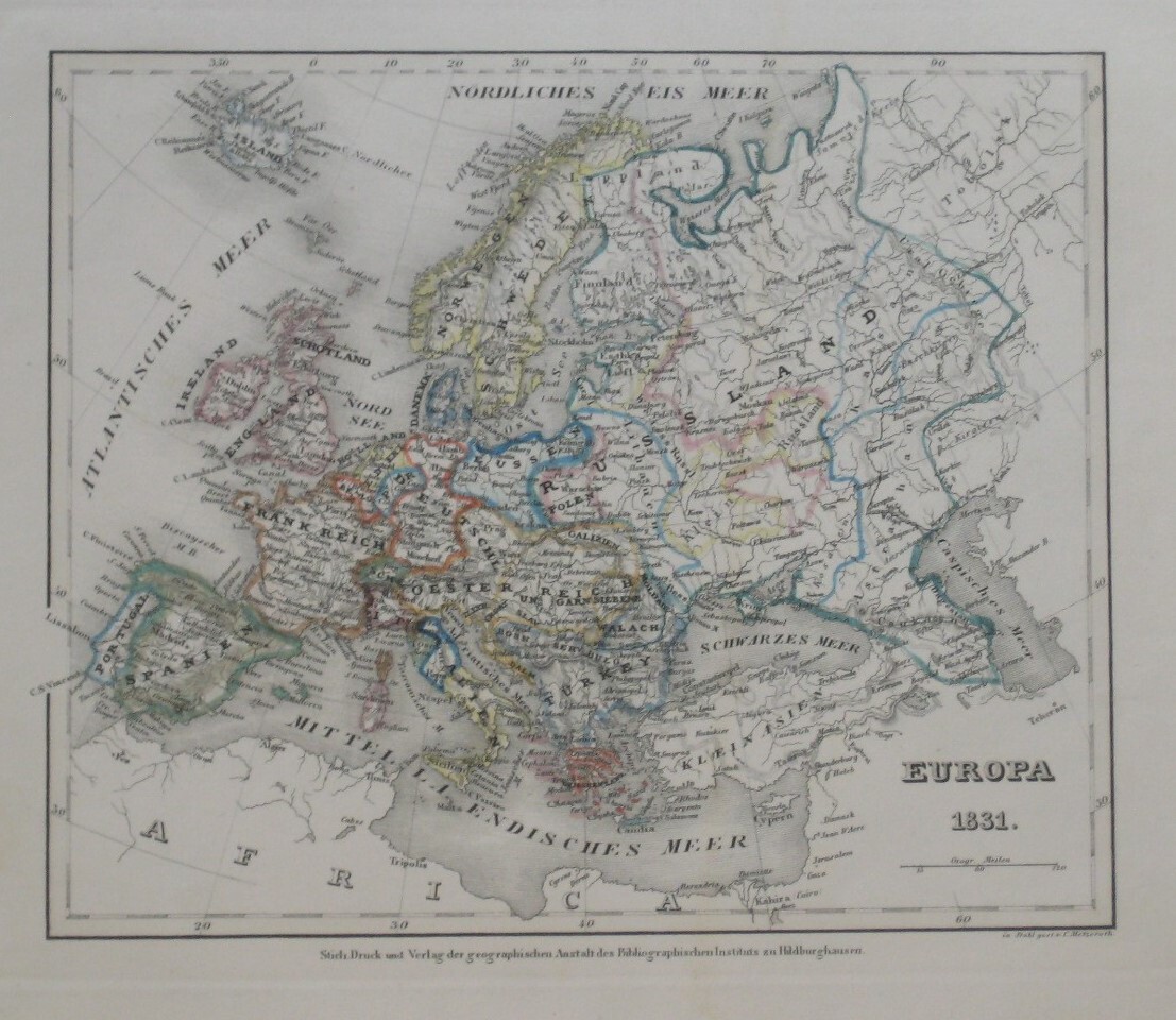 Original Hand Color Steel Engraved Antique Map EUROPA 1831 Europe Metzeroth