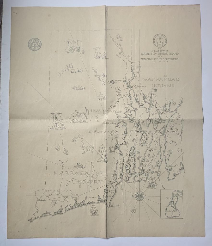 ANTIQUE MAP OF RHODE ISLAND COLONY & PROVIDENCE PLANTATIONS by RI HISTORICAL SOC