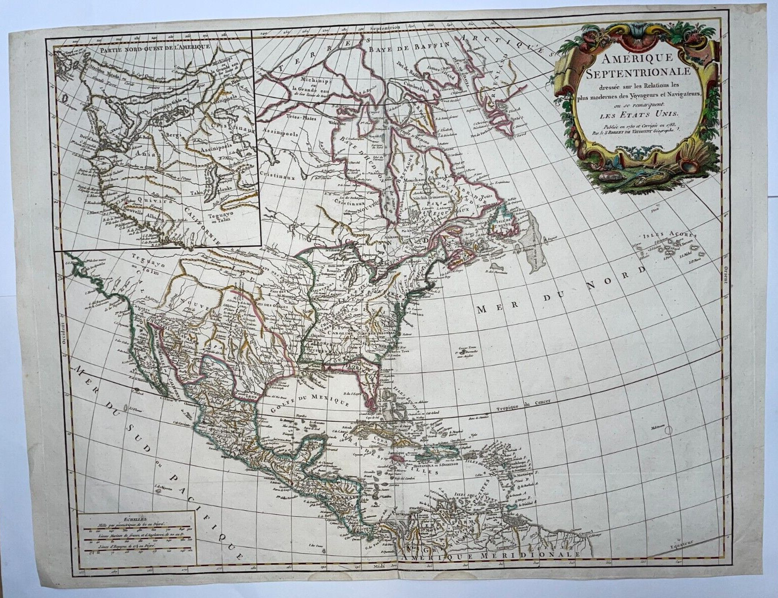 NORTH AMERICA ETATS UNIS PASSAGE NW 1783 ROBERT DE VAUGONDY LARGE ANTIQUE MAP