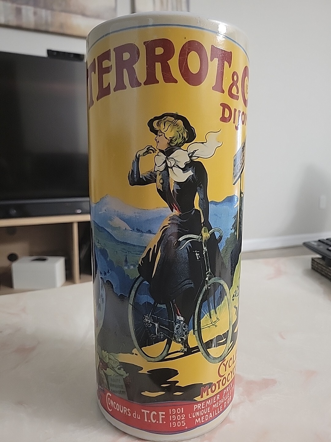 Vtg Mid Century Vase With Early 1900s French Bike Advertising 13″