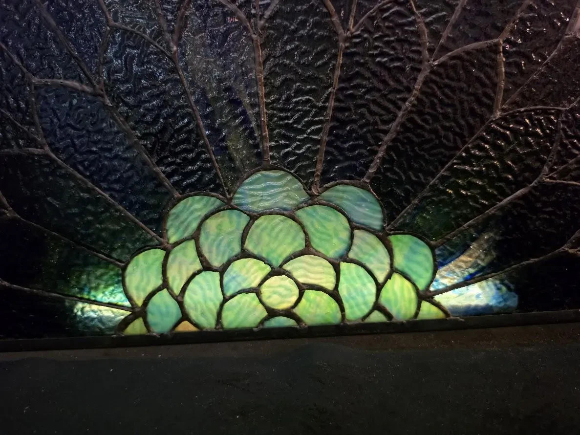 Antique Unique Handmade Peacock Stained Glass 20″ Tall Fireplace Front