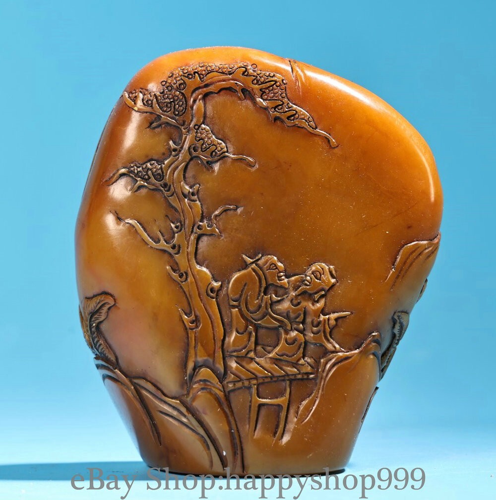 3″ Chinese Natural Shoushan Stone Carving Tree Bridge People Seal Stamp Signet