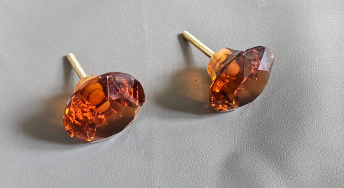 vtg amber honey victorian diamond cut glass drawer knob handle pull 2.2″ set 2PC