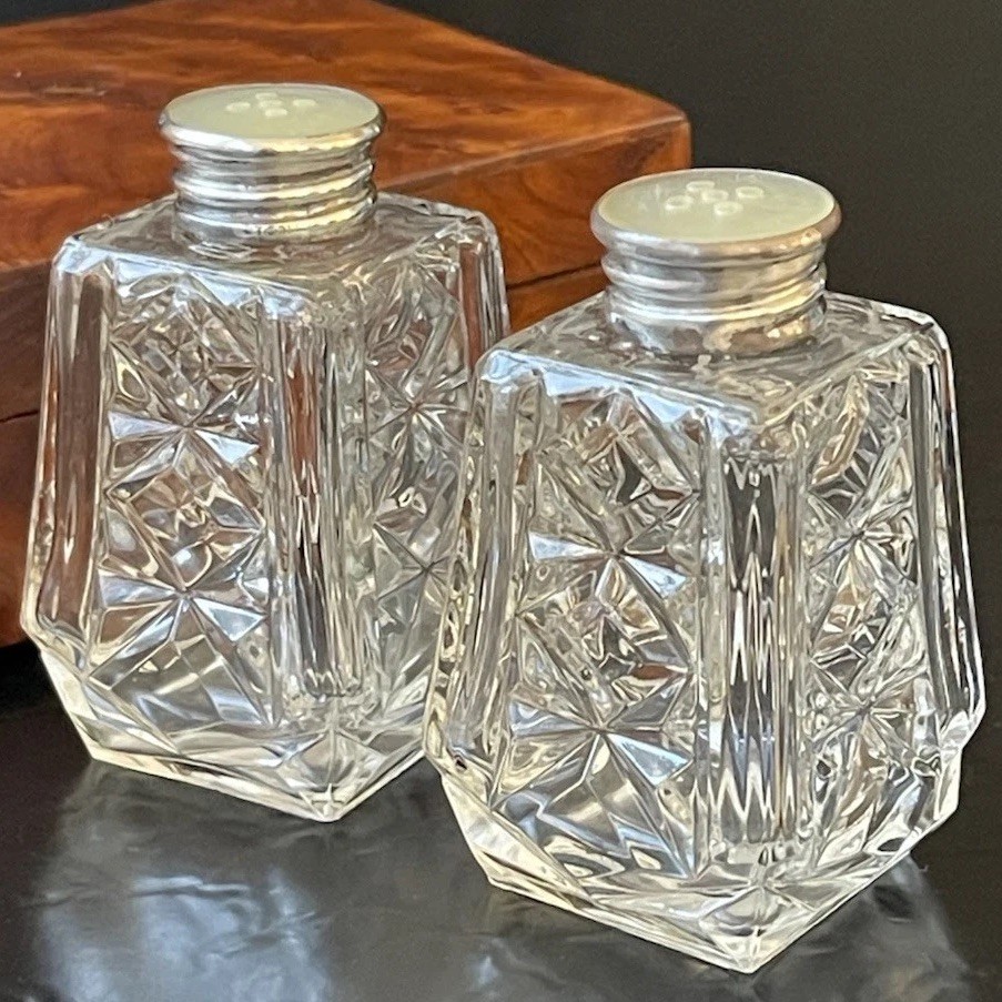 Rare 19C Sterling Silver Mother Pearl Crystal Salt Pepper Set 2.5” American 1885