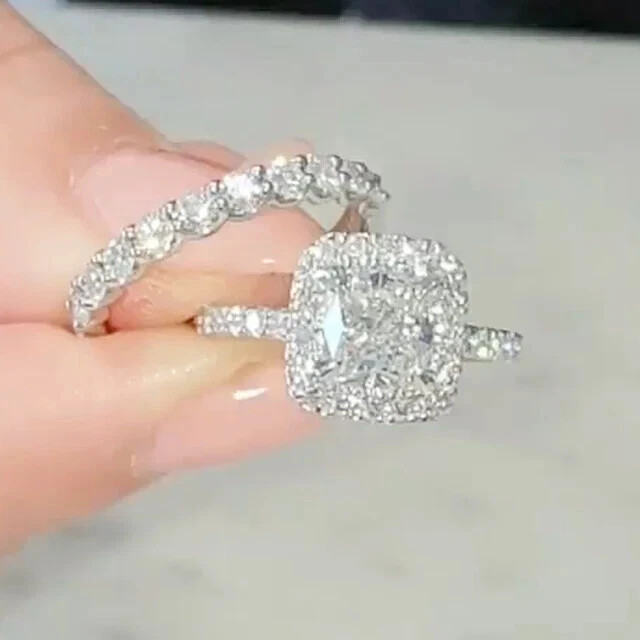Womens Bridal Set Ring 14K White Gold Plated 3.20Ct Cushion Lab Created Diamond