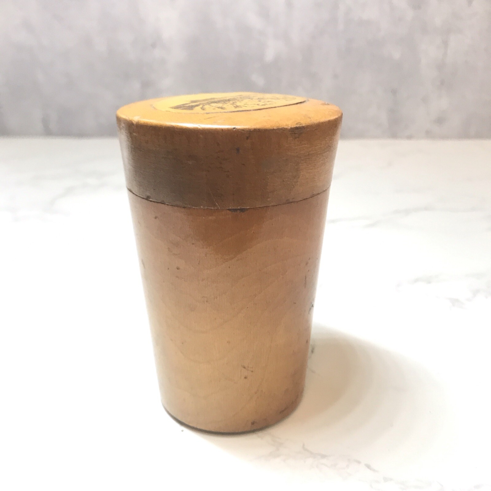 Antique Vintage Wooden MAUCHLINE WARE POT with Lid Glass Holder Brighton? 10.5cm