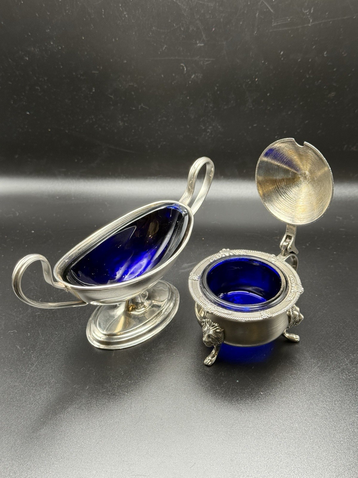 Piar VTG Silver Plate English Master Salt & Mustard with Blue Glass Liner