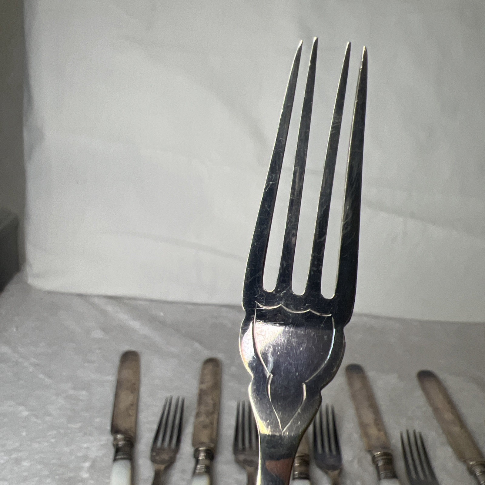 Lot Set 12 Mother of Pearl Fish Knives Forks Sterling Band Ferrule Storage Cloth
