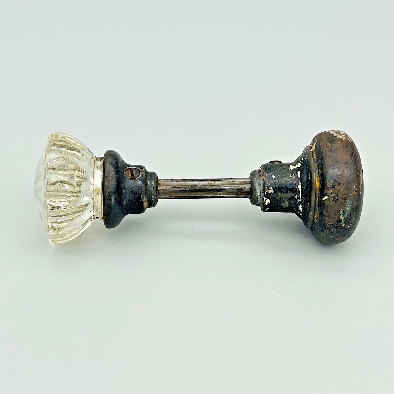 Antique Clear Glass and Metal Door Knobs with Spindle 12 Point Victorian Salvage