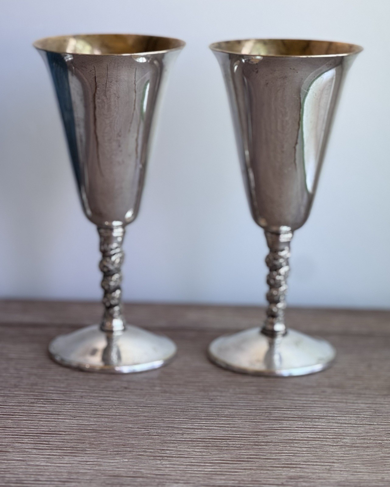 Vintage IFS Ltd Silverplate Wine Goblets Braided Vine Stem Spain Pair AS-IS Wear