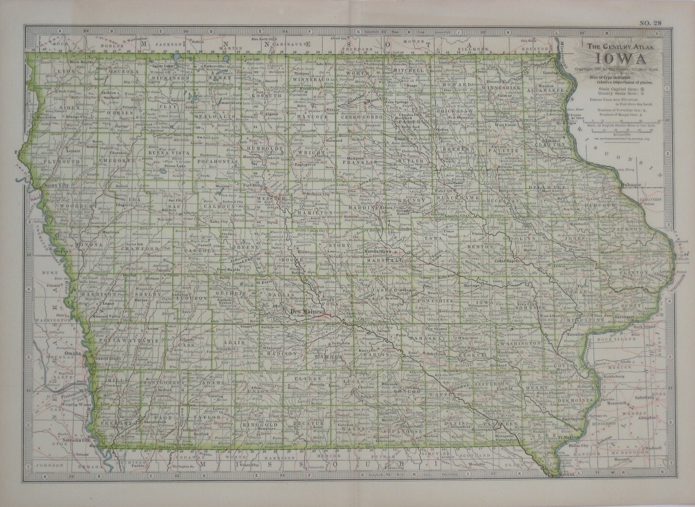 Original 1897 Map IOWA Sioux City Council Bluffs Des Moines Cedar Rapids Amana