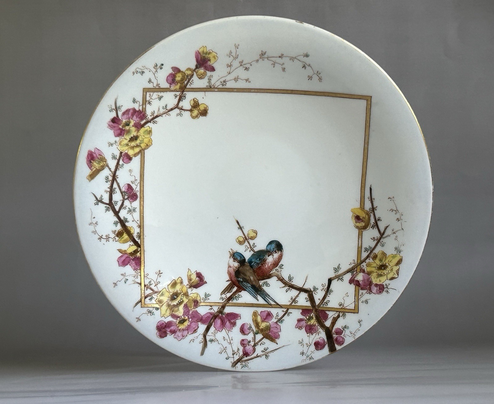 Antique English Aesthetic Movement Hand Painted Porcelain Compote Birds 1880s