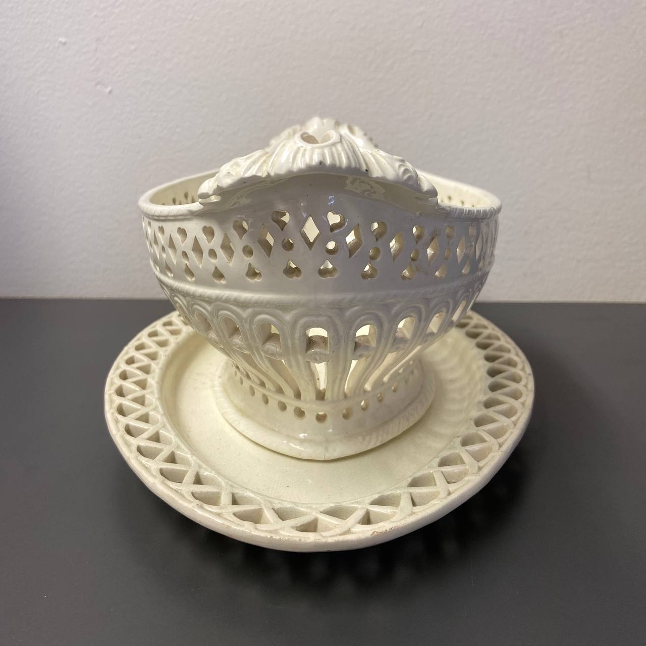 Antique English Plain Creamware Openwork Basket and Stand, C.1780s
