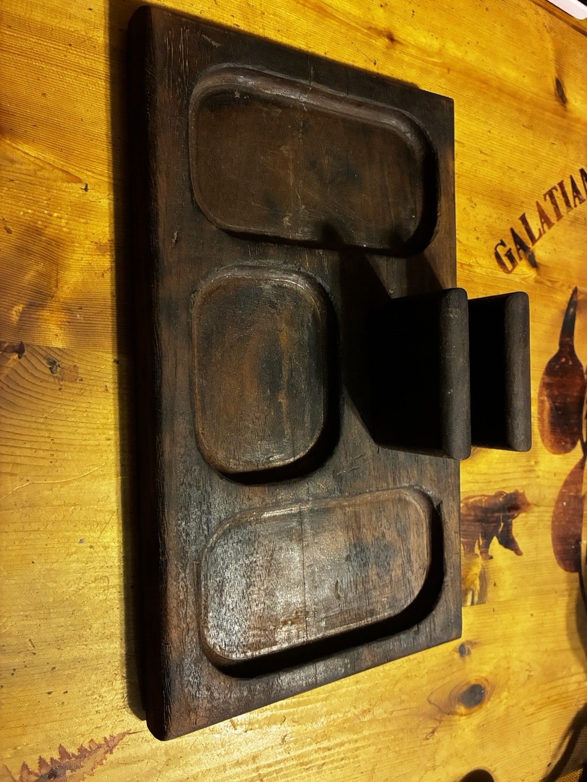 Primitive Dark Wood Tone Hand-Carved Wooden Tray Organizer