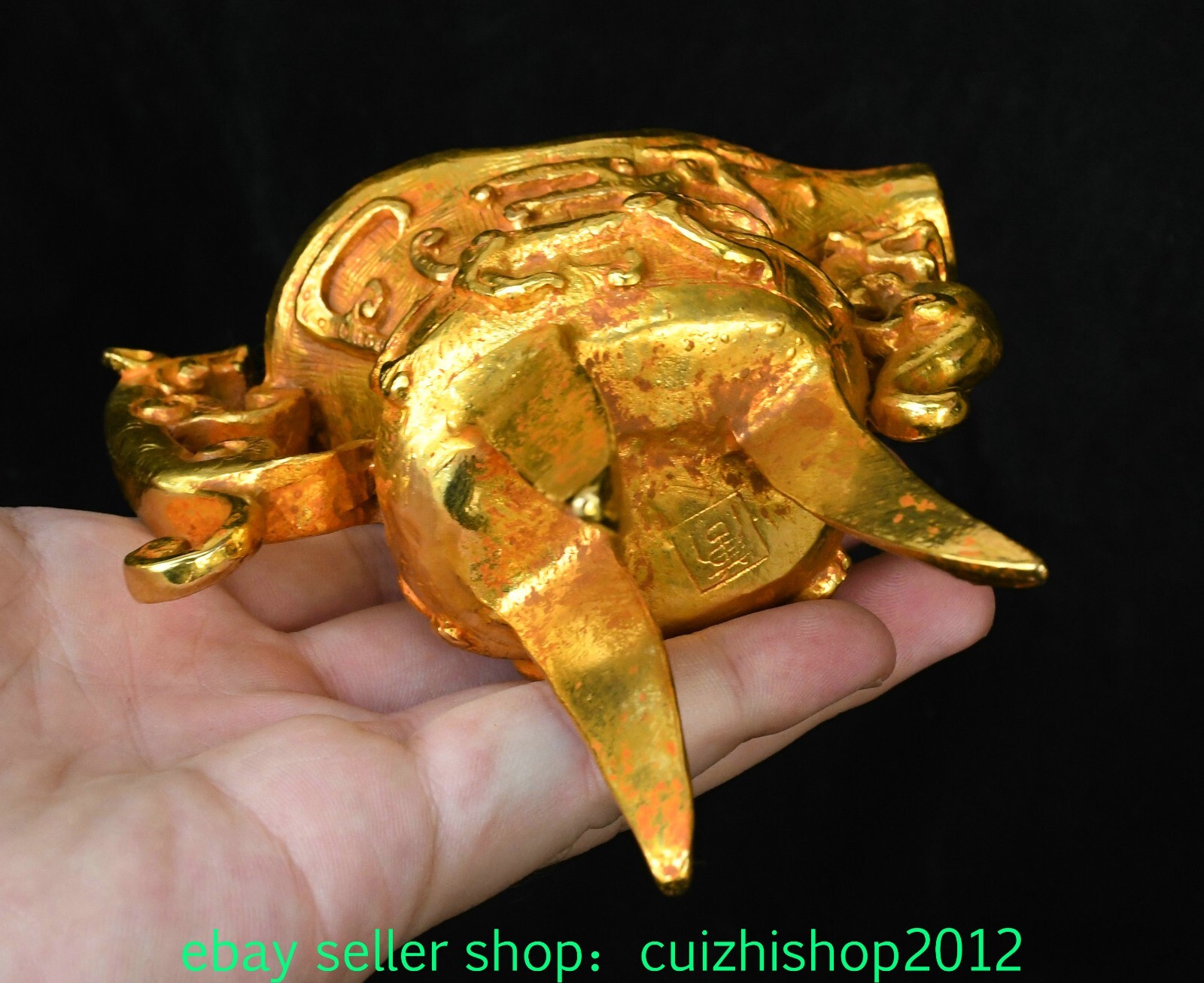 5.5” Old Dynasty Pure Bronze Gilt Dragon Loong Ear Beast Animal Zun Wine Cup